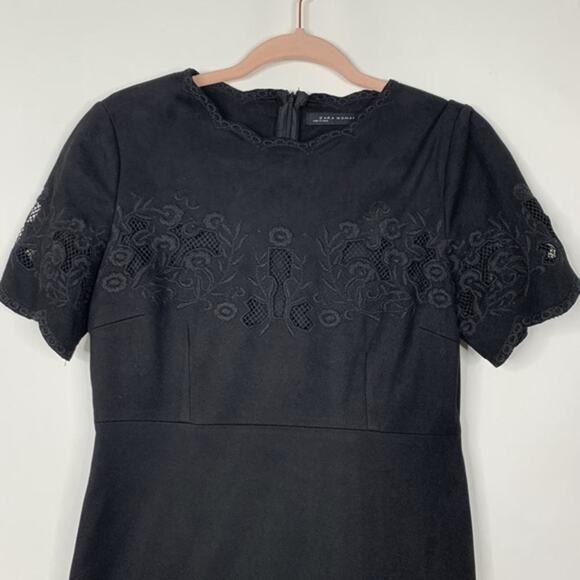 2/$30 ZARA Embroidered Faux Suede Tunic Dress M Black Scalloped Meshed #5213 - Picture 7 of 15